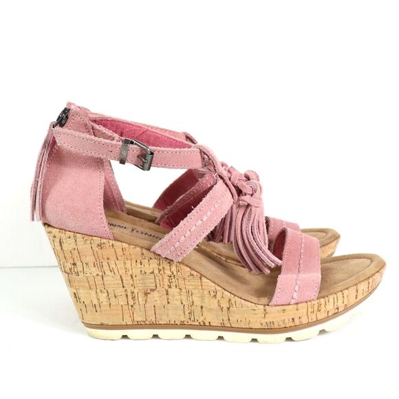 Minnetonka Lincoln Pink Wedge Suede Sandals 9 - Picture 1 of 9